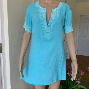 Blue Ginger aqua blue beaded tunic beach coverup M